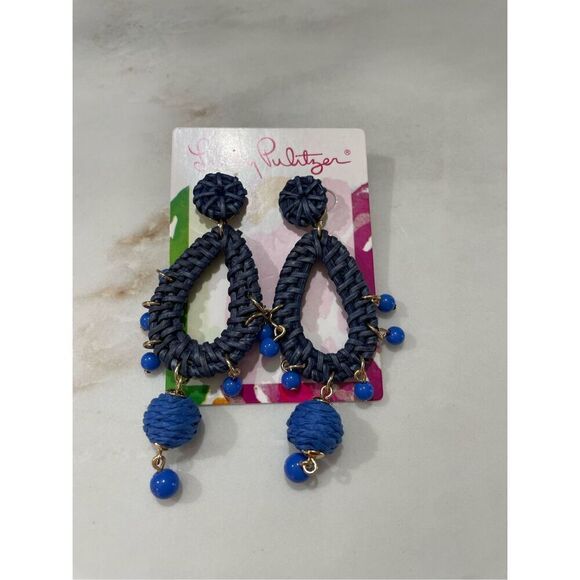 Lilly Pulitzer Raffia Chandelier Drop Earrings Gold Tone & Alba Blue NWT - Picture 4 of 4